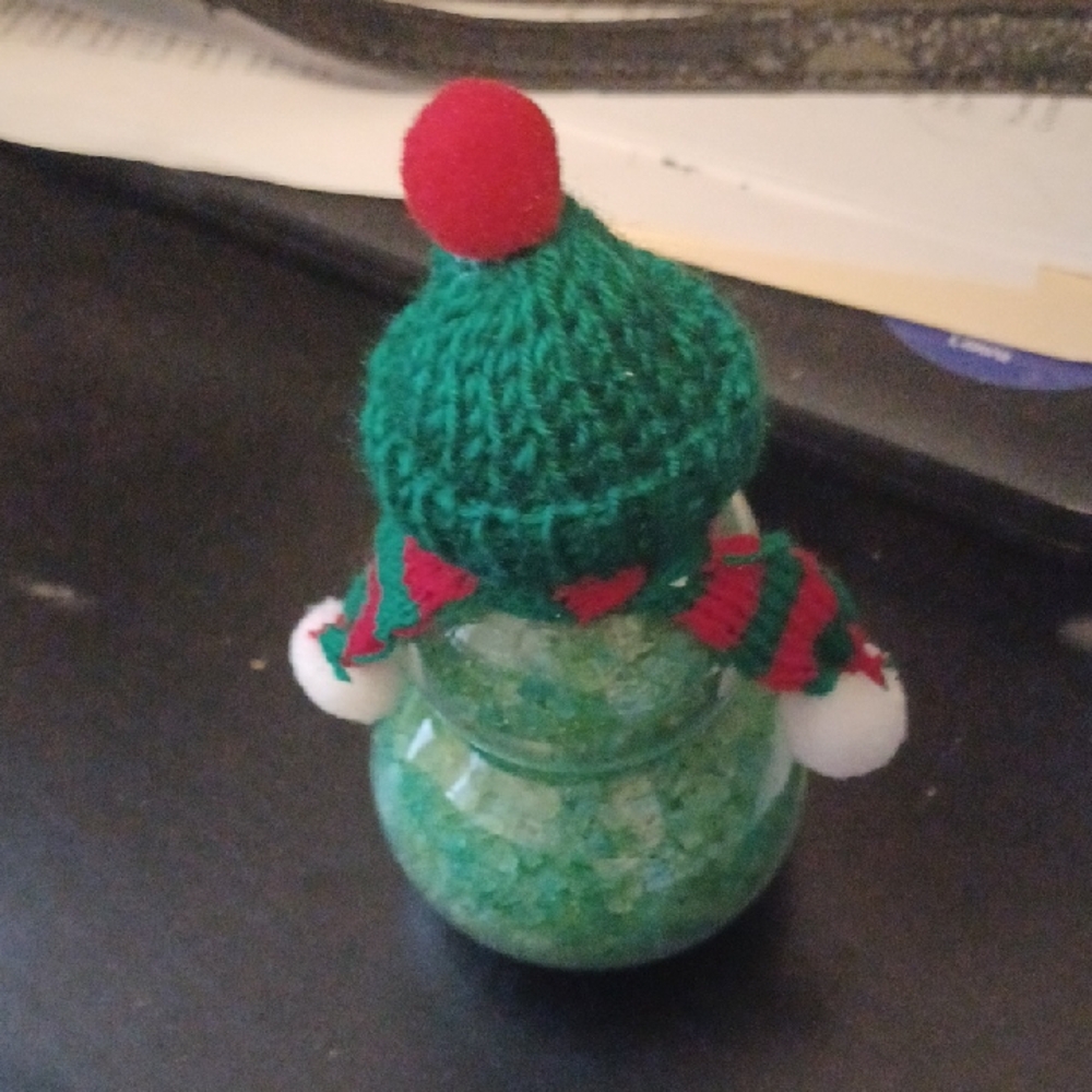 Festive Green Jar with Knit Hat and Scarf Green Bath Salts.